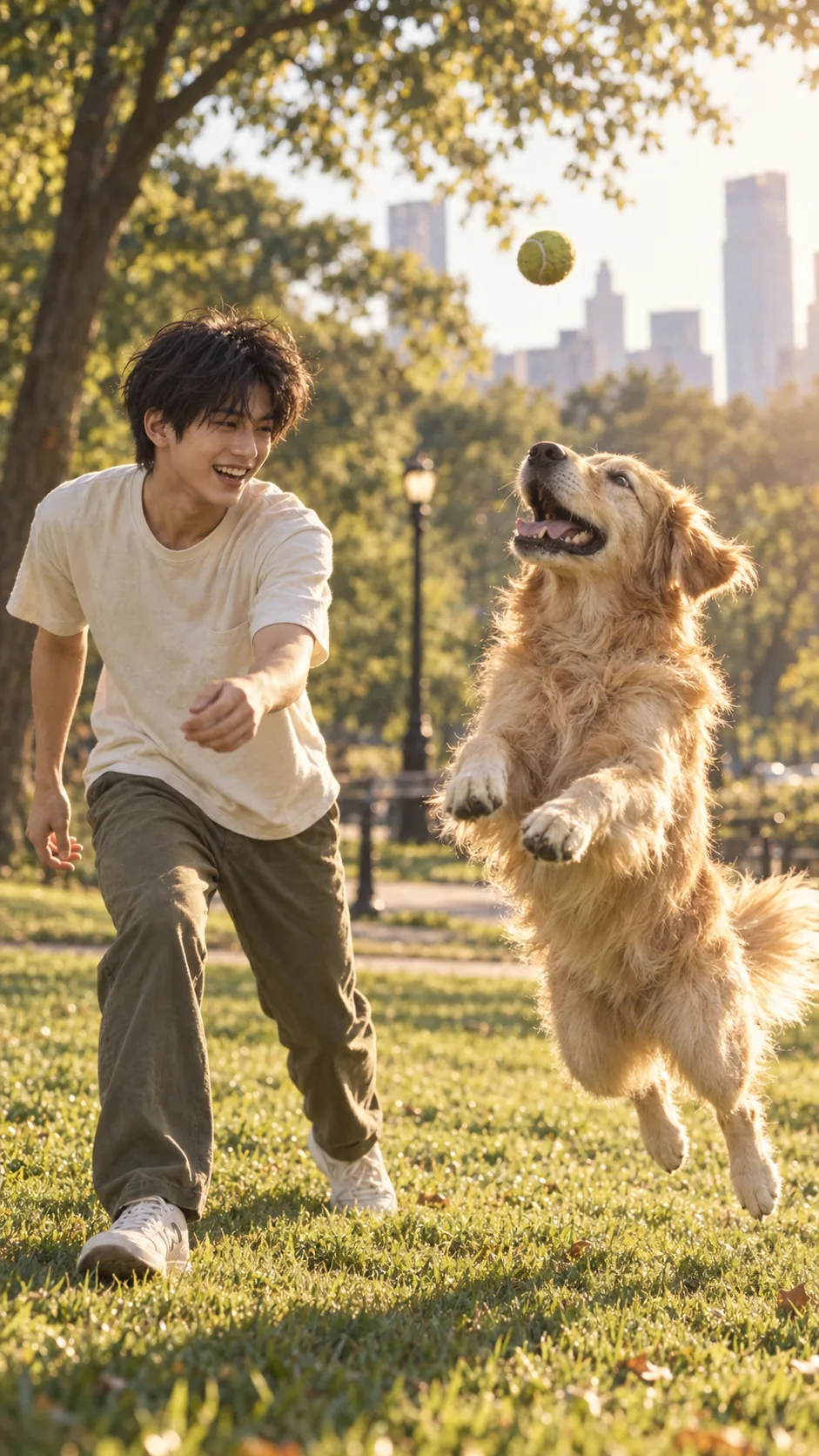 Bao and Mango playing fetch in a sunny park