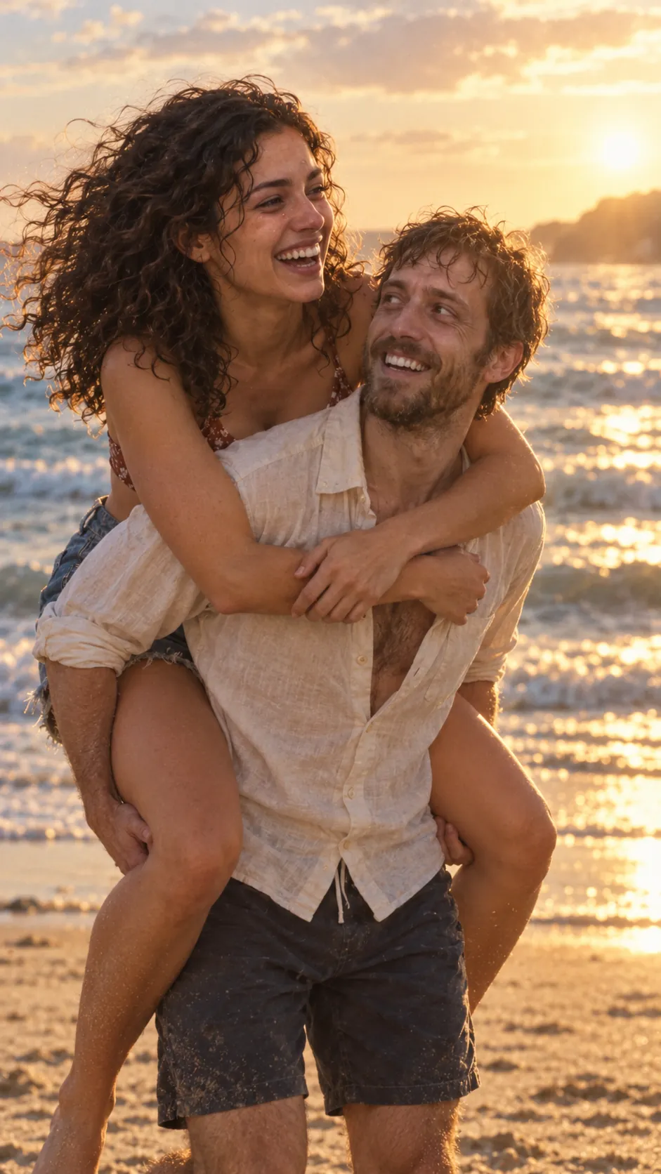 Lena and Theo laughing on a beach at golden hour