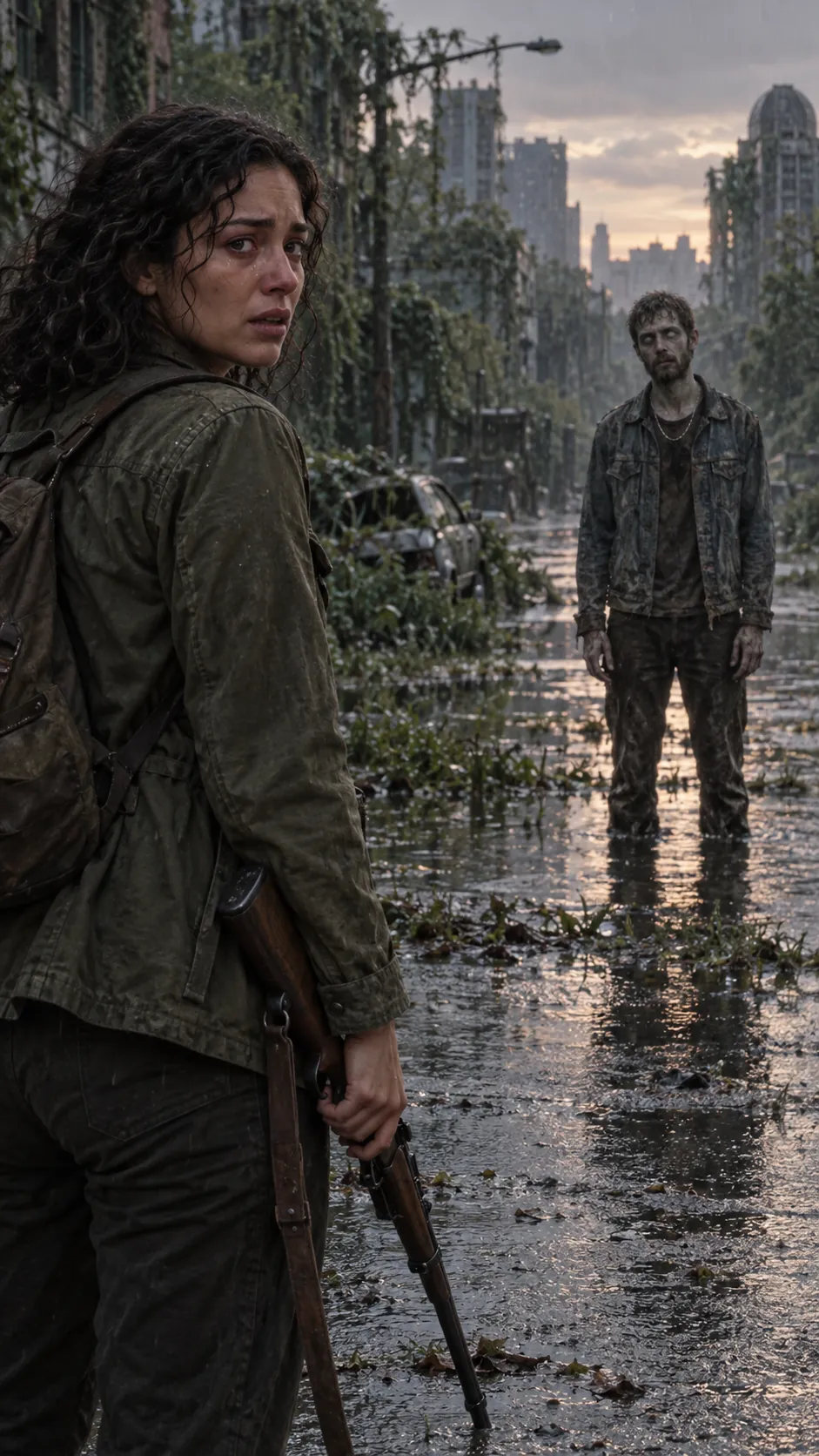 Lena holds a lowered rifle in a flooded street while Theo, turned, stands ahead of her in the rain