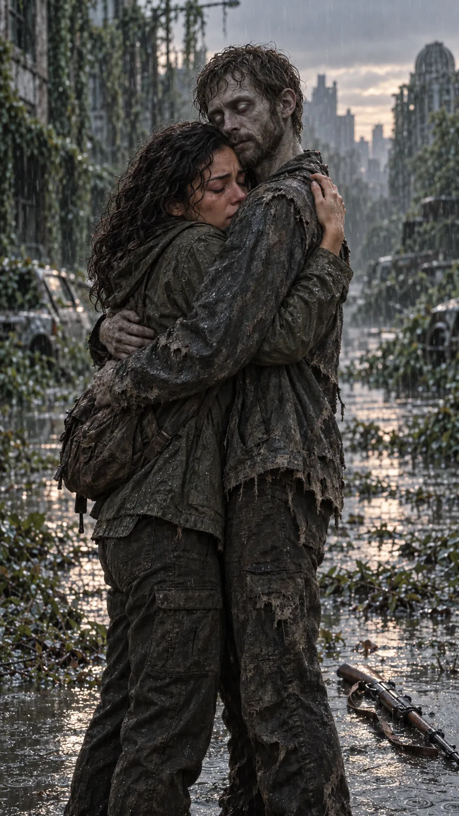 Lena holds Theo, who has turned, in a flooded street in the rain