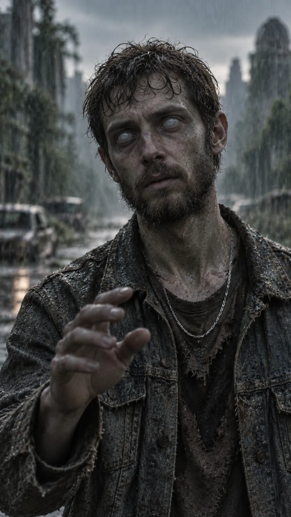 Close-up of Theo, turned, with a flicker of recognition in his clouded eyes